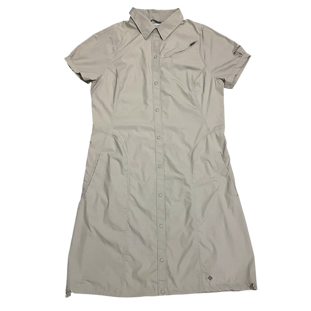 “SOLD” COLUMBIA Beige Gray Omni-Shade Shirt Dress Snap Button Pockets UPF Sz L